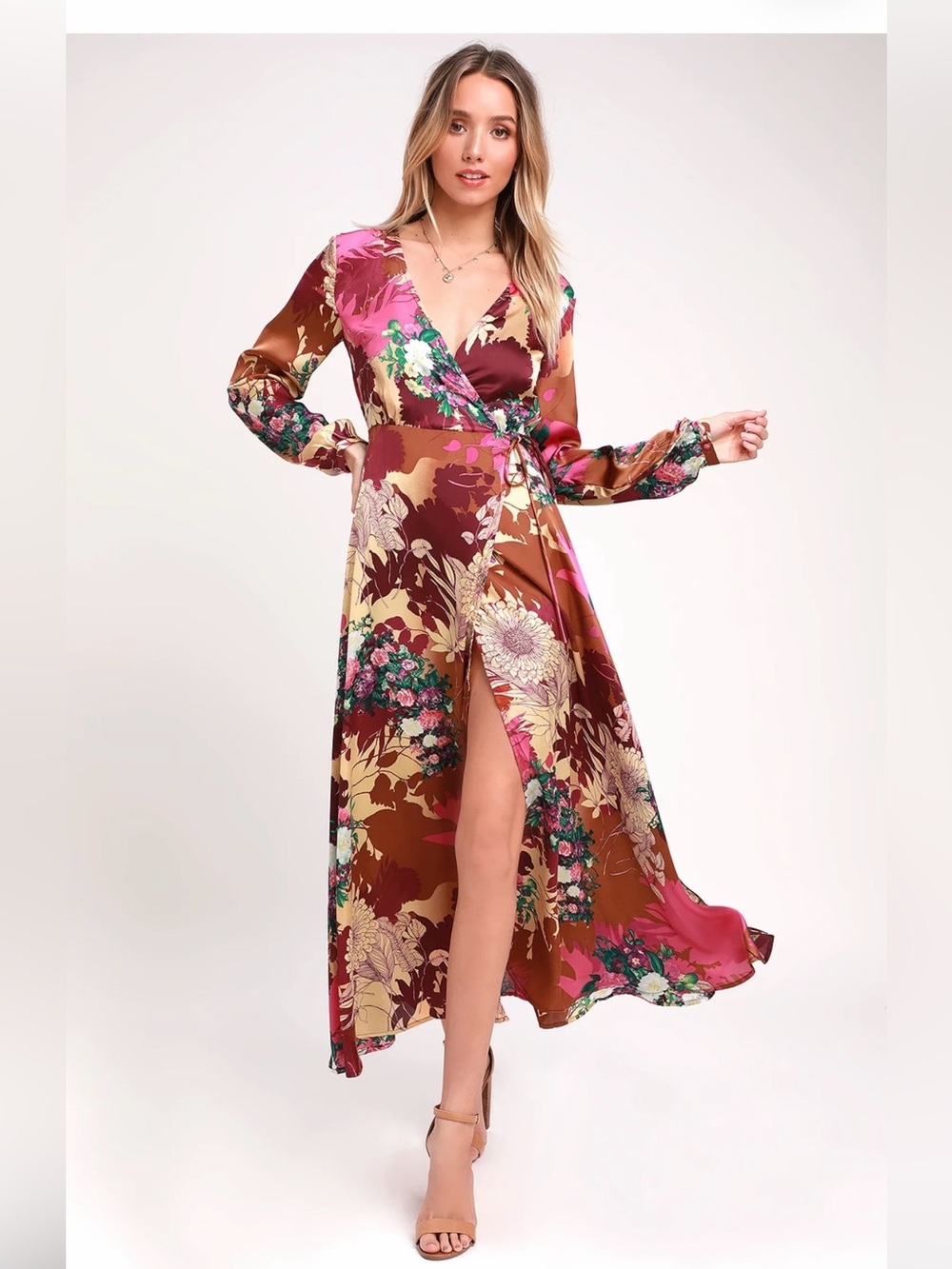 Floral Wrap Maxi Dress in Burgundy and Pink
